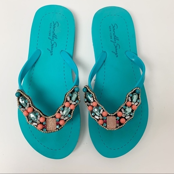 Sand By Saya teal blue sandals crystals sequins beaded embellished Sz 10 - Picture 1 of 7